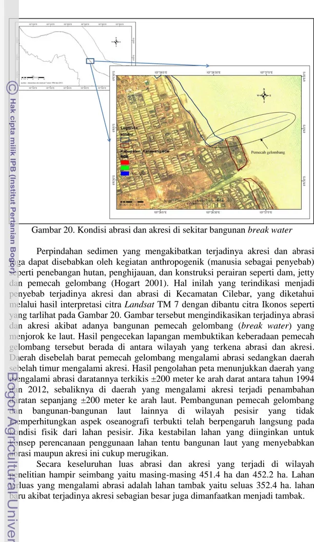 Gambar 20. Kondisi abrasi dan akresi di sekitar bangunan break water  Perpindahan  sedimen  yang  mengakibatkan  terjadinya  akresi  dan  abrasi  juga  dapat  disebabkan  oleh  kegiatan  anthropogenik  (manusia  sebagai  penyebab)  seperti penebangan hutan