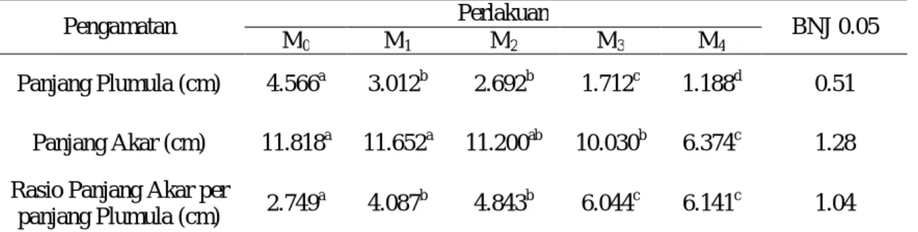 Tabel 2. Rata-rata  Panjang Plumula, Panjang  Akar dan Raisio Panjang  Akar per Panjang  plumula  Pengamatan  Perlakuan  BNJ 0.05  M 0 M 1 M 2 M 3 M 4 Panjang Plumula (cm)  4.566 a 3.012 b 2.692 b 1.712 c 1.188 d 0.51  Panjang Akar (cm)  11.818 a 11.652 a 