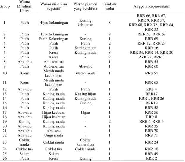 Tabel 2. Hasil Colour Grouping isolat Actinomycetes dari rizosfer Rumput Belulang  Group  Warna  Miselium  Udara  Warna miselium vegetatif  Warna pigmen yang berdifusi  JumLah 