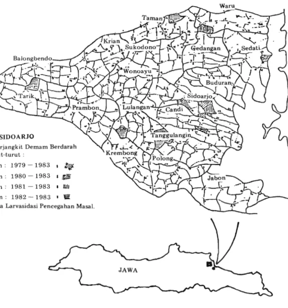 Gambar 1. Peta desa endemis dan non-endemis di Kabupaten Sidoarjo,  Jawa  Timur, 1983  -  1984