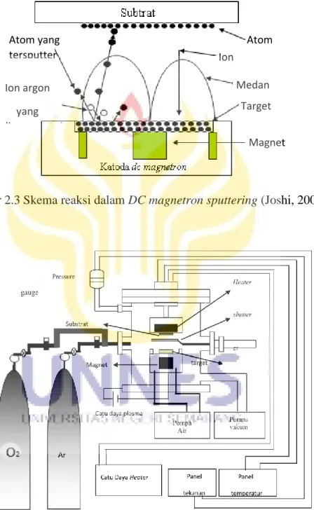 Gambar 2.3 Skema reaksi dalam DC magnetron sputtering (Joshi, 2003). 