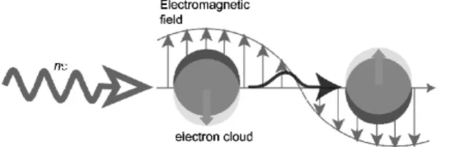 Gambar  1.  Skema  yang  merepresentasikan  osilasi  elektron  konduksi  melalui  partikel  nano  dalam  medan  elektromagnetik  ketika  disinari cahaya.[2] 