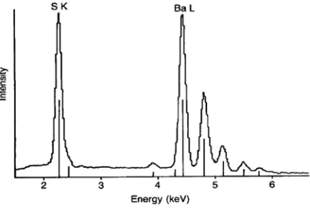 Gambar 2.8. Spektrum EDX yang Menggambarkan Energi dan Intensitas (Russ, 1984) 