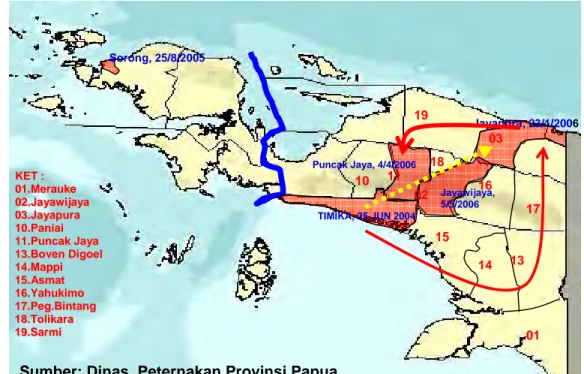 Gambar 1. Peta Penyebaran Hog Cholera (HC) di Provinsi Papua. Panah kuning  menunjukan awal perpindahan penyakit HC dari kabupaten Timika ke  kabupaten Jayapura
