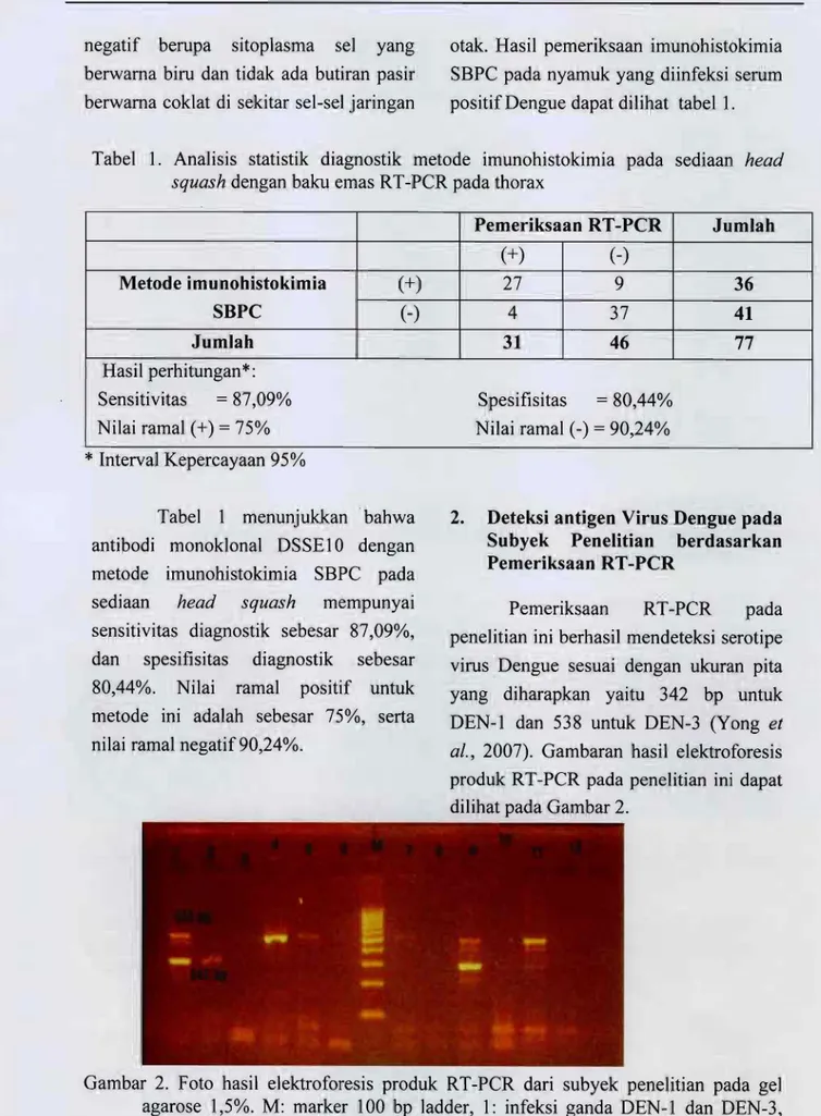 Tabel 1. Analisis statistik diagnostik metode imunohistokimia pada sediaan head squash dengan baku emas RT-PCR pada thorax