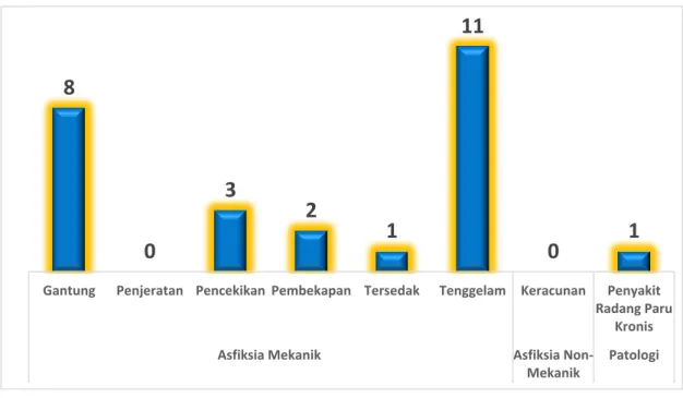 Gambar  3.  Grafik  jumlah  kematian  dengan  asfiksia  berdasarkan  tanda-tanda  asfiksia  yang  ditemukan pada jenazah 
