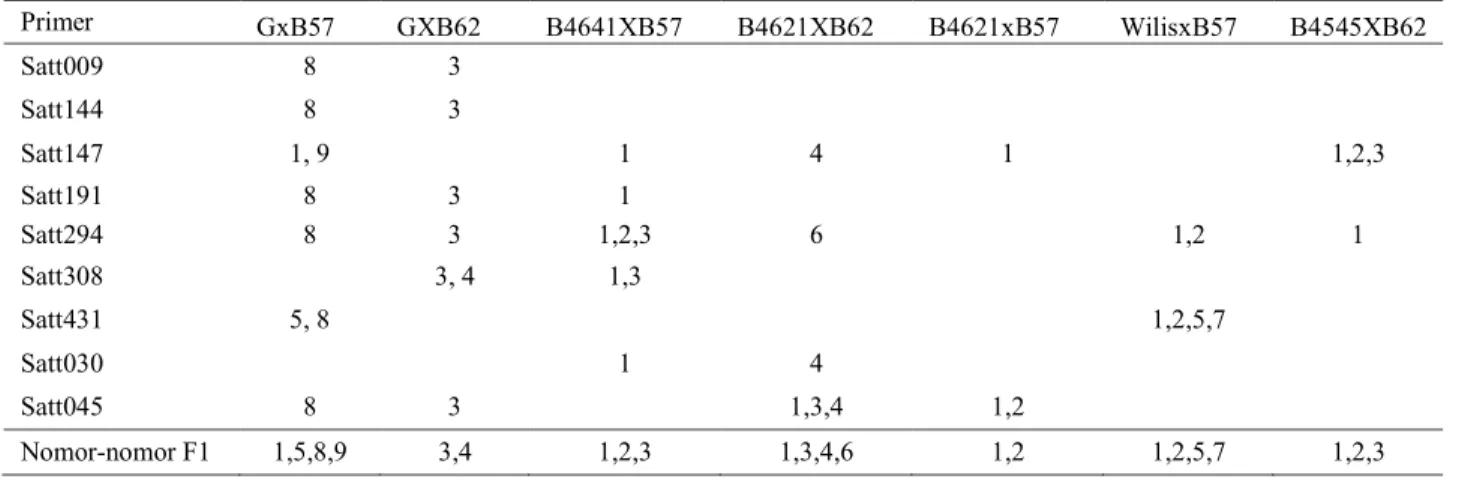 Tabel  4.  Nomor-nomor  individu  yang  merupakan  progeni  F1  hasil  persilangan  dari  masing-masing  tetua  varietas  kedelai  Primer   GxB57  GXB62  B4641XB57  B4621XB62  B4621xB57  WilisxB57  B4545XB62  Satt009  8  3  Satt144  8  3  Satt147  1, 9  1 
