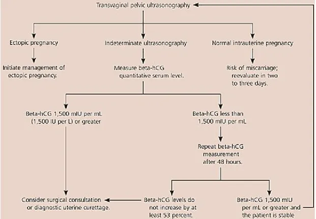 Figure 2 : Langkah yang digunakan untuk mendiagnosa suspek kehamilan ektopik menggunakan USG transvaginal.