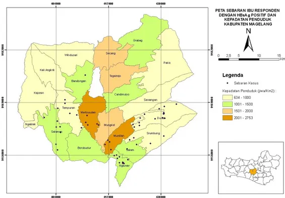 Gambar  2.  Peta  sebaran  ibu  respon  dengan  dengan  HBsAg  positif  dan  kepadatan penduduk Kabupaten Magelang tahun 2014-2016