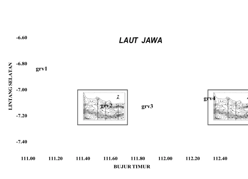 Gambar 1: Profil lintasan arah utara-selatan  anomali Bouguer, Daerah  Cekungan Jawa Timur  Utara111.00  111.20  111.40  111.60   111.80   112.00   112.20   112.40BUJUR TIMUR -7.40-7.20-7.00-6.80-6.60     L     I     N     T     A     N     G     S     E  