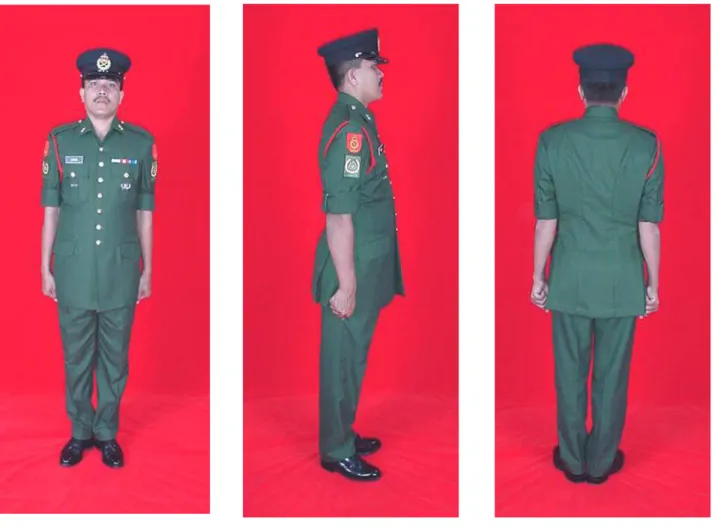 Gambar 2.  Gambar  Penuh  Pemakaian  Pakaian  Nombor  2  (Bush  Jaket)  Bagi  Pegawai  Tanpa  Tauliah  Kanan  Lelaki  Pegawai  Waran  I  Tidak  Menjawat Jawatan Sarjan Mejar Rejimen 