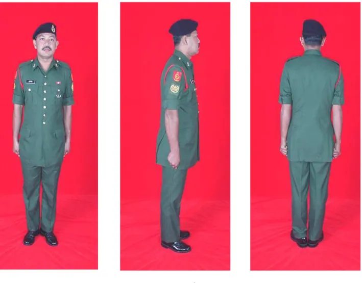 Gambar 3.  Gambar  Penuh  Pemakaian  Pakaian  Nombor  2  (Bush  Jaket)  Bagi  Pegawai Tanpa Tauliah Kanan Lelaki Pegawai Waran II Ke Bawah  