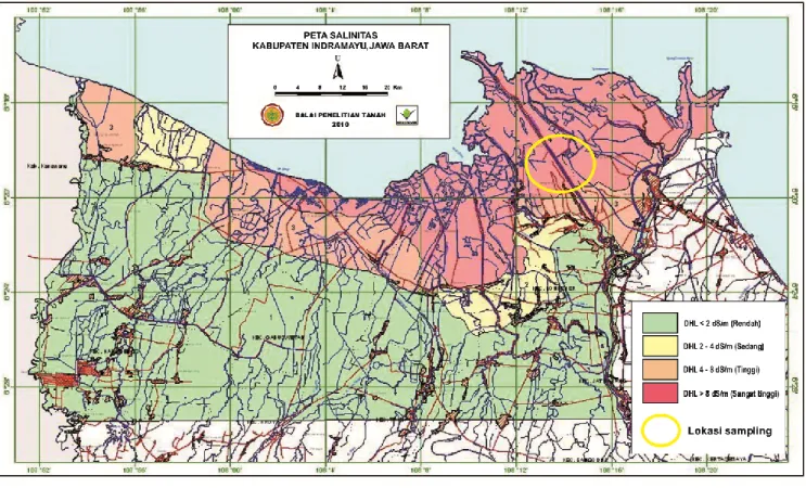 Gambar 1.  Peta salinitas di Kabupaten Indramayu, Jawa Barat yang digunakan sebagai dasar dalam  penentuan lokasi pengambilan contoh tanah, rhizosfir, dan tanaman  