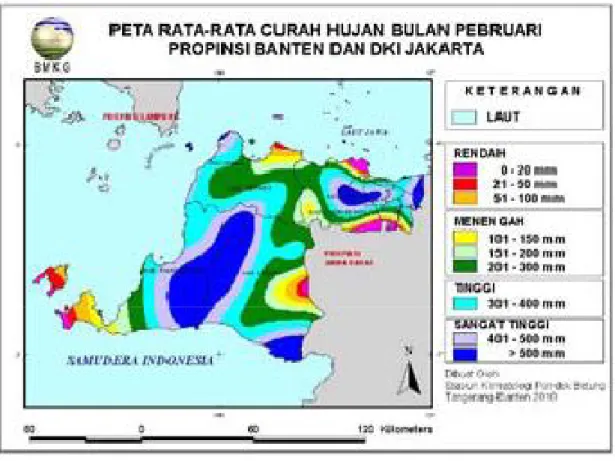 Gambar 1. Peta Rata-rata Hujan Bulan Pebruari Propinsi Banten dan DKI Jakarta 