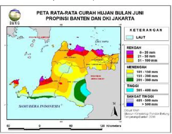 Gambar 4. Peta Rata-rata Hujan Bulan Juni Propinsi Banten dan DKI Jakarta 