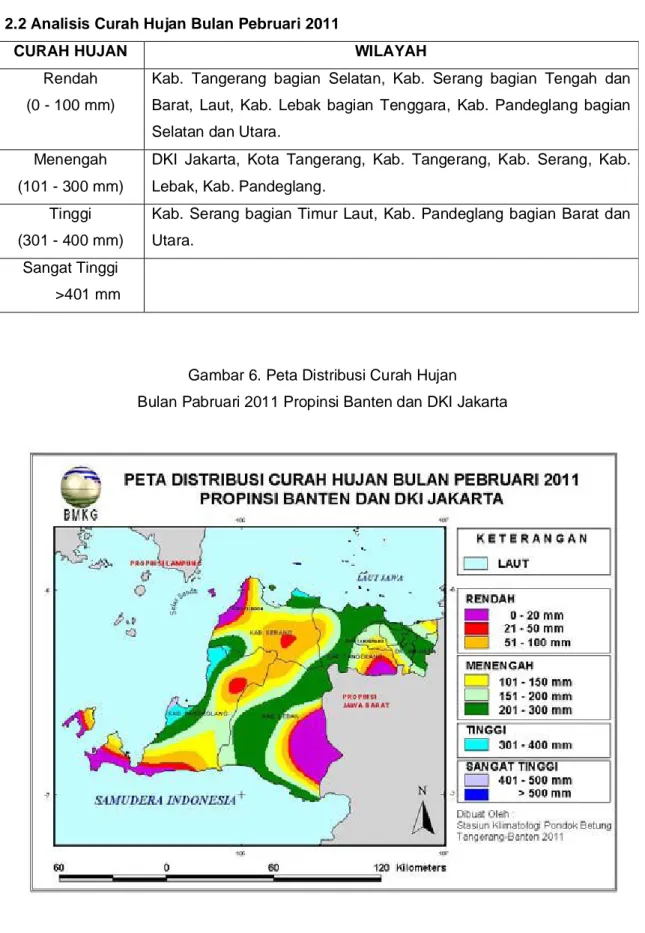 Gambar 6. Peta Distribusi Curah Hujan  Bulan Pabruari 2011 Propinsi Banten dan DKI Jakarta 