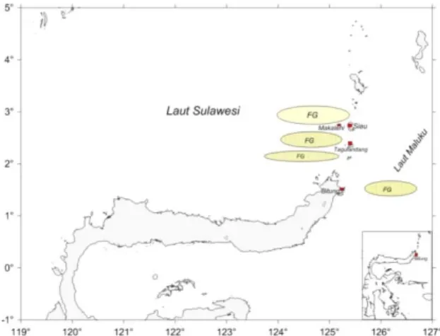 Gambar 1. Peta lokasi penelitian dan fishing groung KM. Sari Usaha 03 pada tanggal 26 Juni – 5 Juli 2012 di Bitung