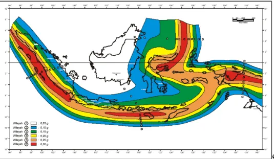 Gambar 1.  Wilayah Gempa Indonesia dengan Percepatan Puncak Batuan Dasar dengan  Perioda Ulang 500 Tahun (Sumber: SNI 03-1726-2002) 