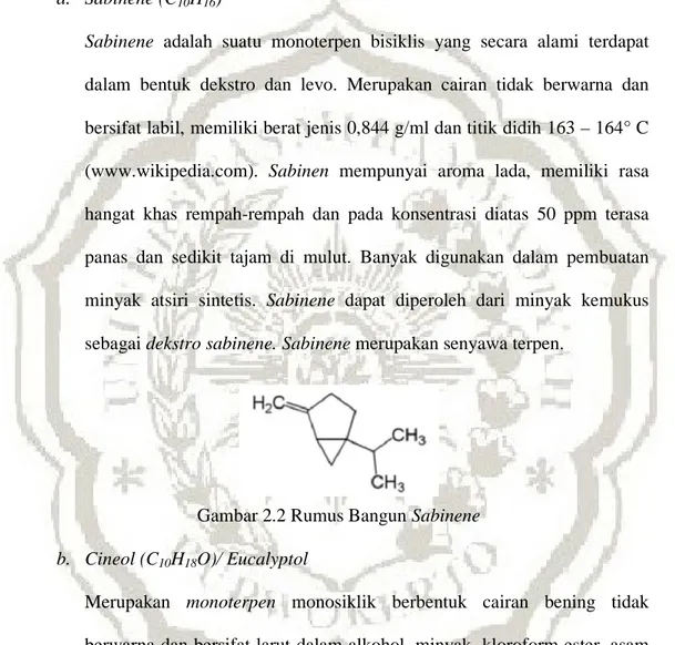 Gambar 2.2 Rumus Bangun Sabinene  b.  Cineol (C 10 H 18 O)/ Eucalyptol 