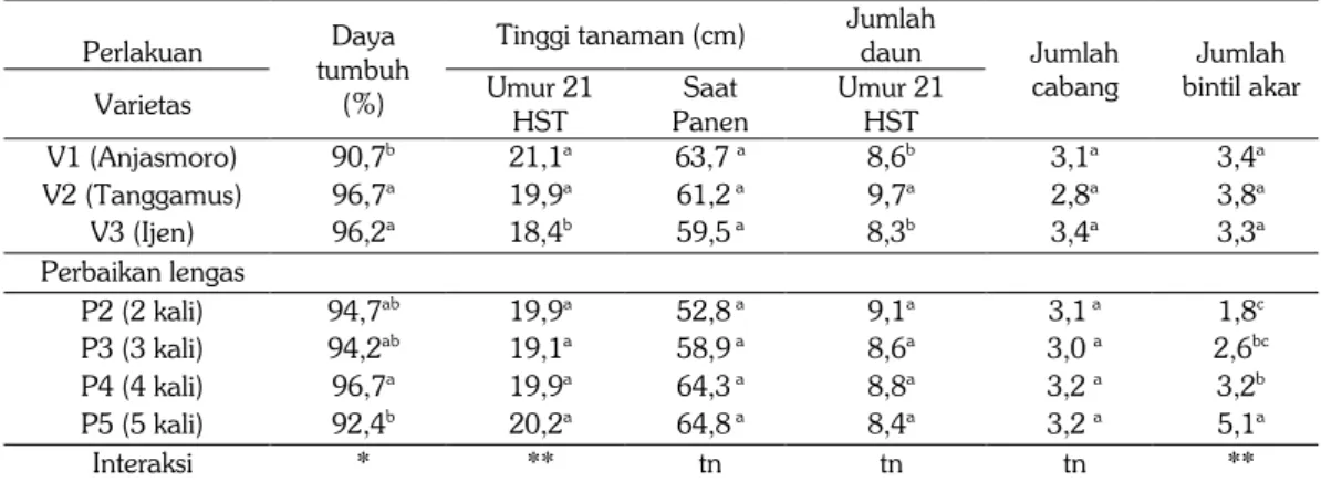 Tabel 5.  Persentase daya tumbuh, tinggi tanaman, jumlah daun, jumlah cabang, dan jumlah bintil  akar kedelai, Gunung Kidul, DIY, 2012