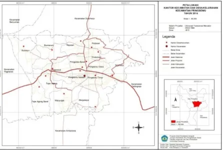 Gambar 2. Peta Lokasi Kantor Kecamatan dan Desa/kelurahanKecamataPringsewu  Tahun 2014 