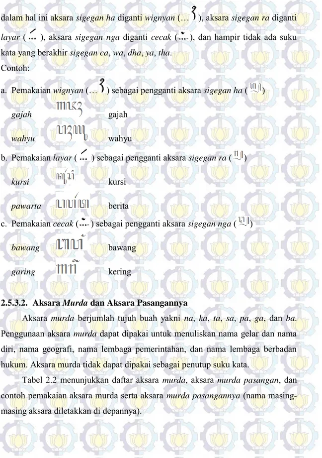 Tabel 2.2 menunjukkan daftar aksara  murda, aksara murda pasangan, dan  contoh pemakaian aksara murda serta aksara murda pasangannya (nama  masing-masing aksara diletakkan di depannya)