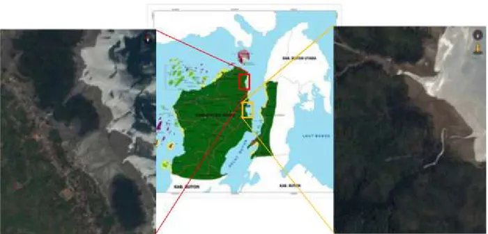 Gambar 1.  Lokasi  penelitian  di  pesisir  Bonea  Kecamatan  Lasalepa  (kiri)  dan  pesisir  Kodiri,  Kecamatan Lohia (kanan), Kabupaten Muna