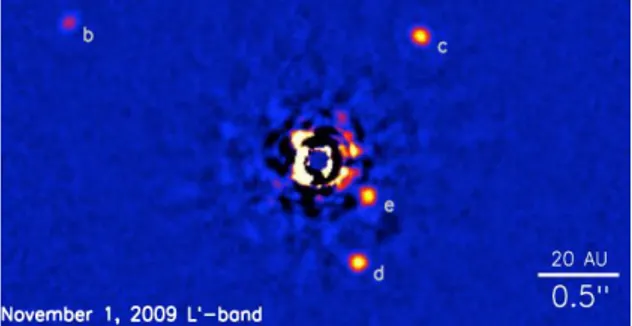 Gambar 4-1: Citra pita L’ empat planet (b, c, d, e)  yang mengorbit bintang HR8799 (di  tengah citra) (Marois et al., 2008)    