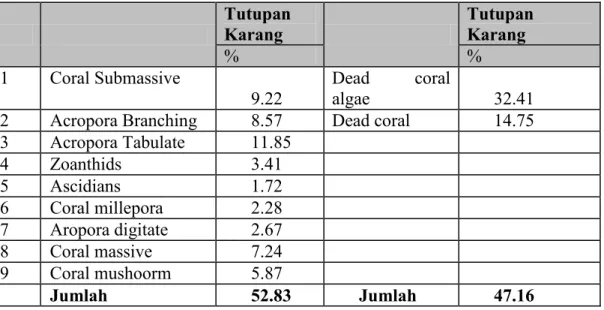 Tabel 4.2 Hasil Pengamatan Tingkat Tutupan Karang di Stasiun II  Tutupan   Karang  Tutupan Karang  %  %  1  Coral Submassive  10.05  Dead  coral algae  31.44 