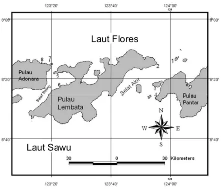Gambar 1. Peta lokasi transek pengambilan data rekruitmen karang. Stasiun pengamatan secara                          berurutan ditunjukkan dengan angka di dalam peta