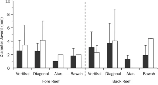 Gambar 8. Ukuran juvenil karang P. damicornis  berdasarkan letak substrat di P. Panjang pada berbagai sisi permukaan