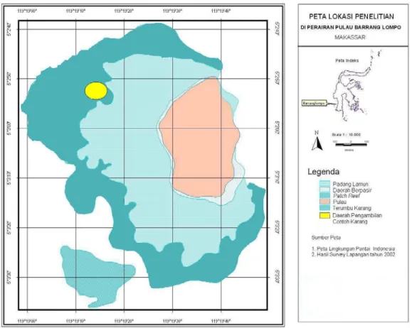 Gambar 1.  Peta lokasi dan pengambilan contoh karang Acropora nobilis di bagian  barat laut Pulau Barrang Lompo, Kepulauan Spermonde, Makassar