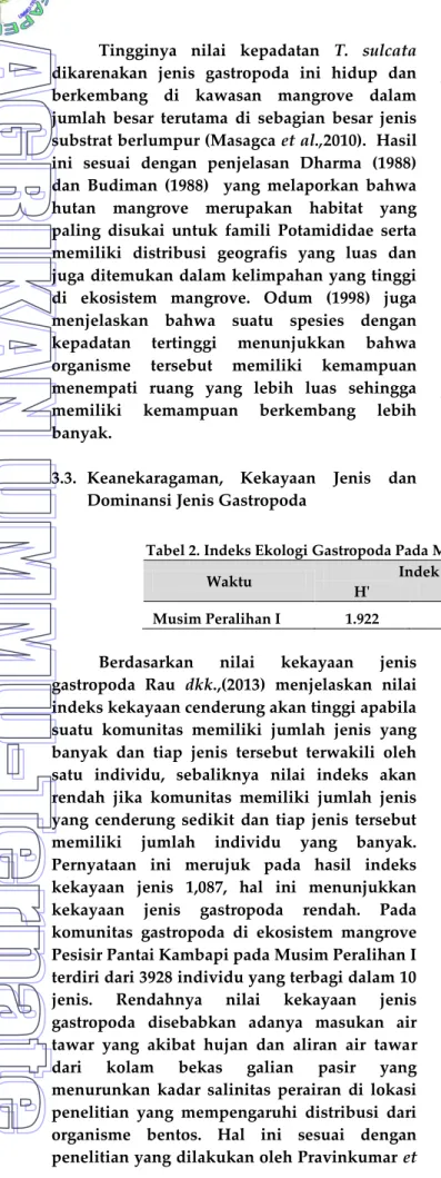 Tabel 2. Indeks Ekologi Gastropoda Pada Musim Peralihan I 