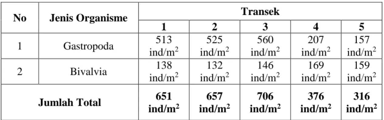 Tabel 1. Jumlah Total Individu Mollusca (Gastropoda dan Bivalvia) Pada Lima Transek  Penelitian Di Kawsan Pesisir Pulau Tunda