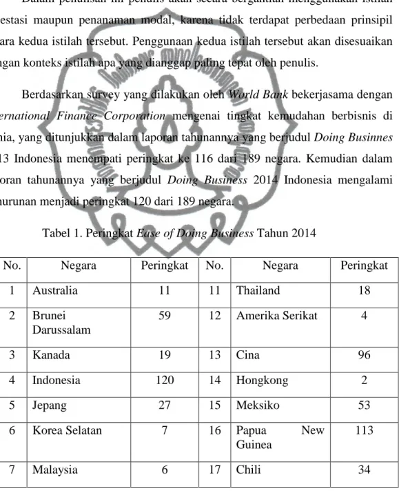 Tabel 1. Peringkat Ease of Doing Business Tahun 2014 