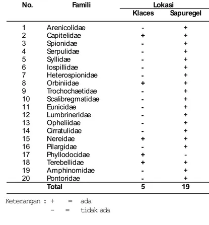 Tabel 1. Diostribusi famili Polycaeta di Klaces dan Sapuregel.