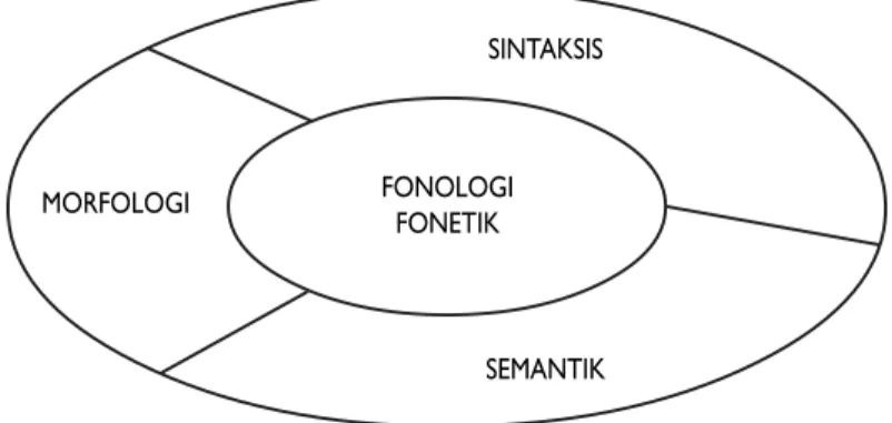 Gambar rajah yang berbentuk roda di atas meletakkan fonetik pada pusat bahasa iaitu kajian tentang bunyi-bunyi bahasa manusia