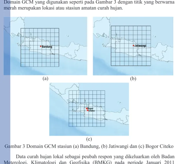 Gambar 3 Domain GCM stasiun (a) Bandung, (b) Jatiwangi dan (c) Bogor Citeko  Data curah hujan lokal sebagai peubah respon yang dikeluarkan oleh Badan  Meterologi, Klimatologi dan Geofisika (BMKG) pada periode Januari 2011  sampai dengan Desember 2019