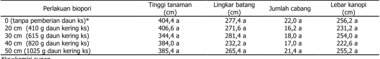 Table 4.  Pengaruh  perlakuan biopori terhadap tinggi  tanaman, lingkar batang, lebar  kanopi, dan jumlah  cabang