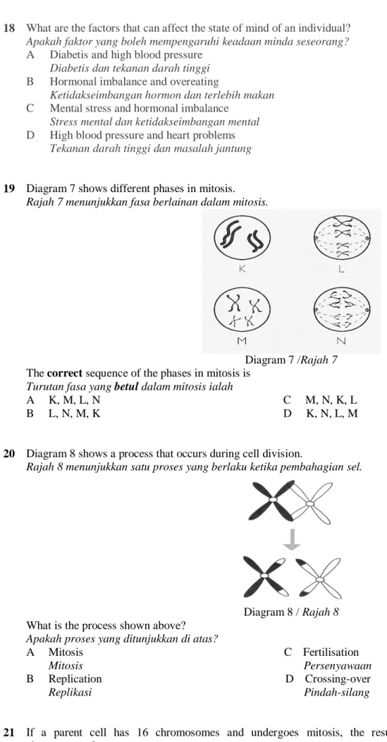 Diagram 7 /Rajah 7  The correct sequence of the phases in mitosis is 