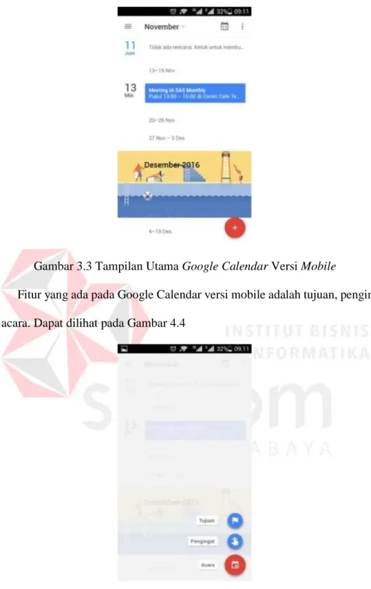 Gambar 3.3 Tampilan Utama Google Calendar Versi Mobile 