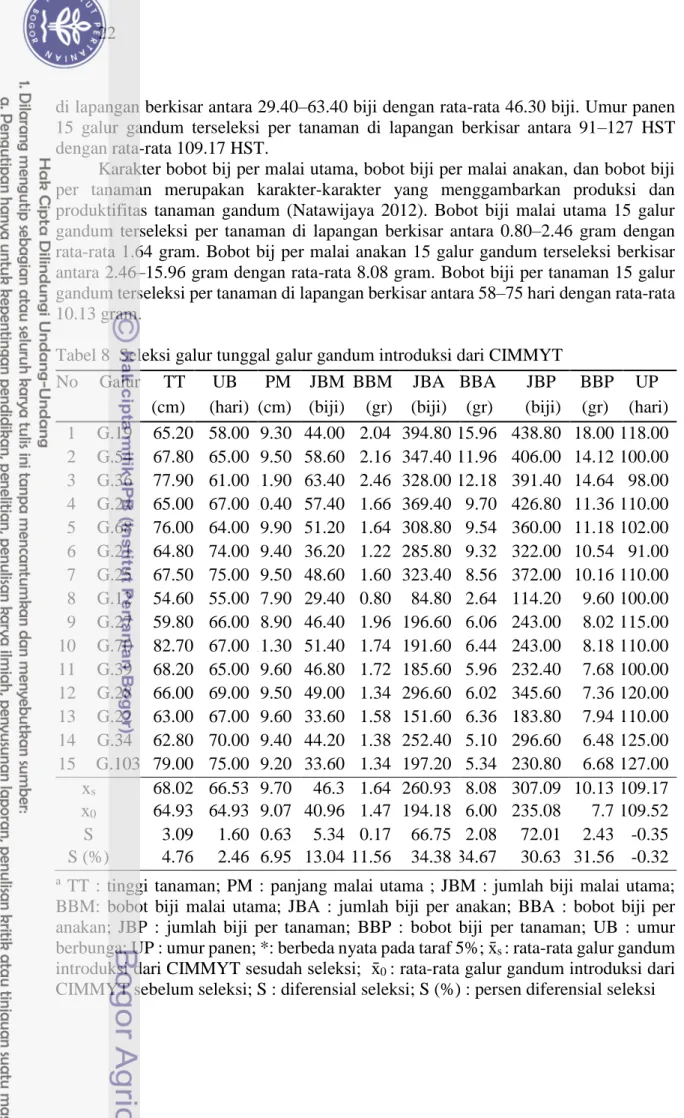 Tabel 8  Seleksi galur tunggal galur gandum introduksi dari CIMMYT 