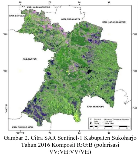 Gambar 2. Citra SAR Sentinel-1 Kabupaten Sukoharjo  Tahun 2016 Komposit R:G:B (polarisasi 