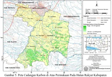 Gambar 5. Peta Cadangan Karbon di Atas Permukaan Pada Hutan Rakyat Kabupaten Sukoharjo, Berdasarkan Persamaan Regresi Polarisasi VH 