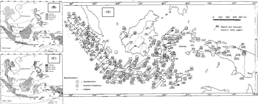 Gambar 1.2 Peta sebaran cekungan airtanah sebanyak 224 cekungan di Indonesia (Soetrisno, 1993) (A) dan kondisi   musim hujan di bulan Januari (B) dan musim kemarau di bulan Juli (C) (Oldeman dan Fiere, 1982).