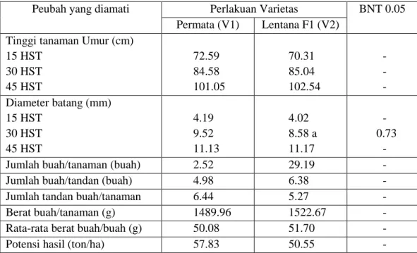 Tabel  2.  Rata-rata  nilai  peubah  pertumbuhan  dan  hasil  tanaman  tomat  akibat  perlakuan  varietas 