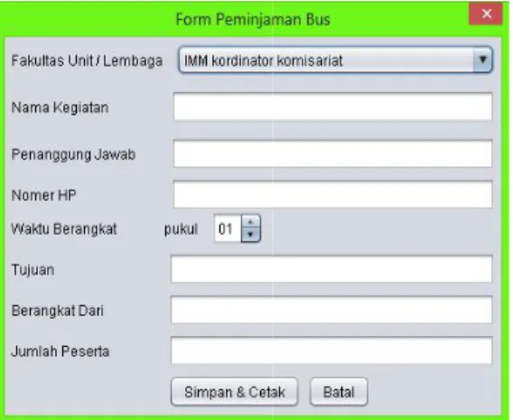 Gambar 5 Form Pemesanan Kendaraan Formulir  ini  akan  muncul  ketika  Ormawa  sudah  menyetujui  halaman  persaratan  peminjaman  Sarana  kegi