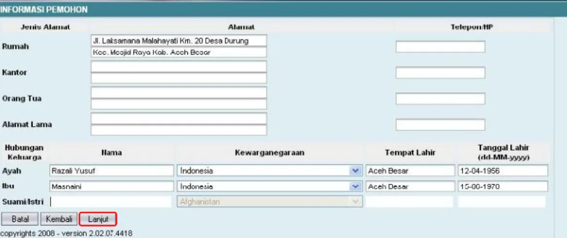 Gambar 4.6 Form input data informasi alamat dan keluarga pemohon