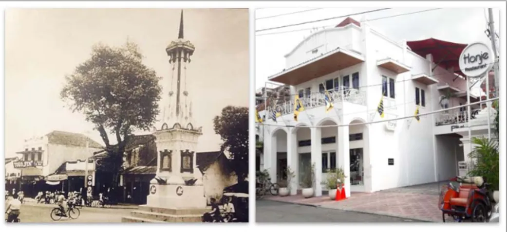 Gambar 1. Bangunan Kolonial sebagai Toko Kelontong Fen pada Tahun 1958 dan Restoran Honje Tahun 2017  Sumber: Sudibyo (2016)  dan Dokumentasi Penulis (2017) 