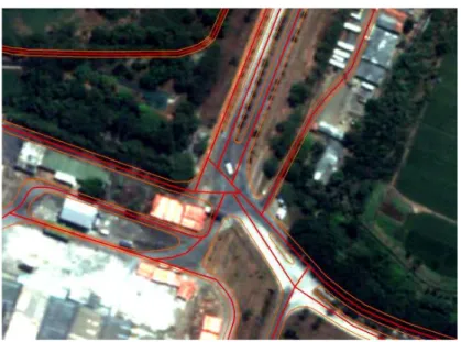 Gambar 2.5  Contoh Penarikan Garis Jalan 2 Bahu Jalan (Warna  Oranye) dan 1 Centerline (Warna Merah) 